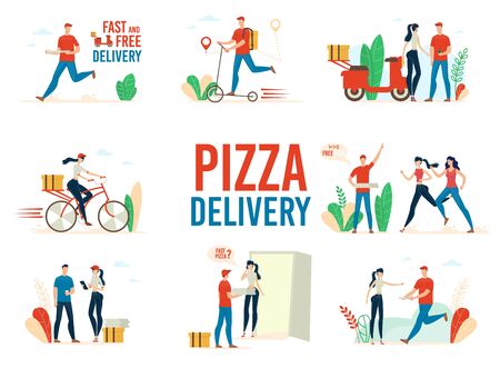 Fast Food Restaurant Pizza Delivery Service Trendy Flat Vector Concepts Set Isolated on White Background. Deliveryman on Scooter, Female Courier on Bicycle Delivering Orders to Clients Illustrationsのイラスト素材