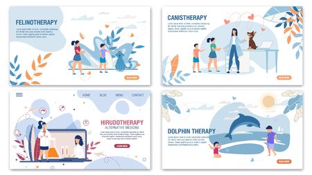 Alternative Medical Treatment Methods Landing Page Flat Set. Felinotherapy, Canistherapy, Hirudotherapy, Dolphin Therapy. Telemedicine. Psychological Recovery. Vector Cartoon Illustrationのイラスト素材
