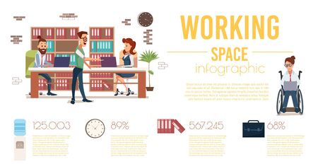 Comfortable, Disabled-Accessible Coworking Space Trendy Flat Vector Infographics Banner or Poster Template. Businesspeople Team Working in Office, Woman in Wheelchair Using Laptop Illustrationのイラスト素材