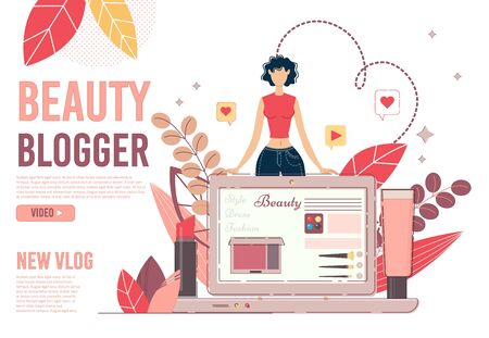 Beauty Blog Film Production Service Landing Page. Online Marketplace, Trading Platform, Internet Channel Creation. Young Woman Blogger Consultant, Laptop, New Cosmetics Fashion Style Trendsのイラスト素材