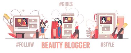 Blogging and Vlogging Set. Beauty Fashion Style Bloggers Presentation on Computer and Mobile Phone. Followers and Subscribers Quantity Growth. Creation and Posting Video Online Social Media Contentのイラスト素材