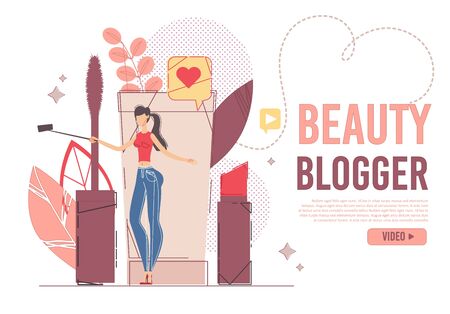 Young Woman Blogger Beauty Consultant Shooting Video Review for Social Blog. Media Network. Hot Fashion Trends News Publishing and Posting. Online Content Creation. Text Landing Page Designのイラスト素材