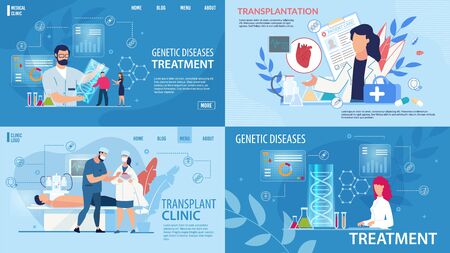 Genetic Disease Determination, Therapy. Transplantation, Life Saving. Flat Landing Page in Trendy Medical Design Set. Treatment and Health Insurance. Laboratory, Clinic. Vector Cartoon Illustrationのイラスト素材