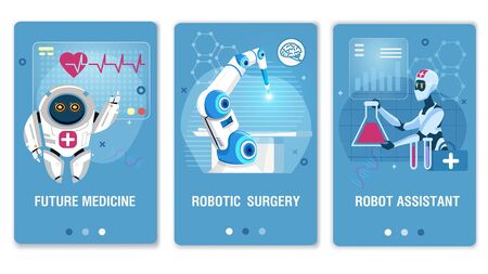 Future Medicine Healthcare Robotic Technology Mobile Webpage Set. Flat Landing Page for Medical Social Media Network. Online Service for Consultation and Treatment. Vector Cartoon Illustrationのイラスト素材