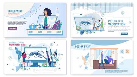 Professional Medical Services for Help Trendy Flat Landing Page Set. Homeopathy, Anti Insects Bites Infection Vaccination, Home Doctors Visit Call for Consultation. Vector Cartoon illustrationのイラスト素材