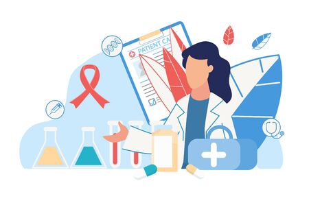 Medical Poster with Woman Doctor in White Coat and Healthcare Icons. Patient Card, Bag with Medications and Tools for Treatment, Pills, Flasks and Test Tubes. Vector Cutout Illustrationのイラスト素材