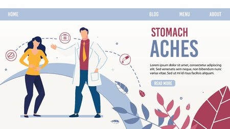 Gastroenterology, Stomach Ache and Disease. Trendy Flat Landing Page with Cartoon Man Doctor and Female Patient. Internal Organs Healthcare. Online Service and Telemedicine. Vector Illustrationのイラスト素材