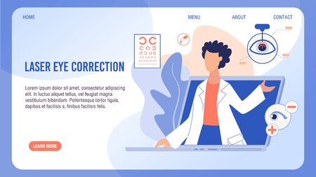 Laser Eye Vision Correction Landing Page on Flat Screen Design. Operation Surgery Technology. Cartoon Woman Ophthalmologists Giving Consultation on Laptop. Online Medical Service. Vector Illustrationのイラスト素材