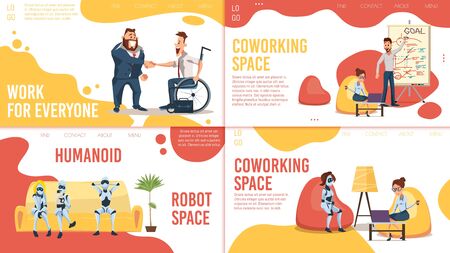 Modern Coworking Space, Job Search Service, Artificial Intelligence Technologies Startup Trendy Flat Vector Web Banners, Landing Pages Set. Working Businesspeople, Robots, Employee Hiring Illustrationのイラスト素材