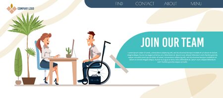 Human Resources Services, Recruiting Agency, Job Opportunities Search Trendy Flat Vector Web Banner, Landing Page Template. Hr Manager, Boss Conducting Job Interview with Disabled Man Illustrationのイラスト素材