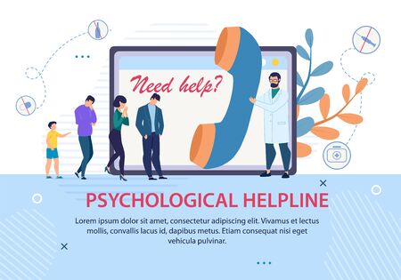 Psychological Helpline Promotion. Advertising Text Banner. Doctor with Huge Handset and Patients Queue. Psychologist Counseling, Support and Help Online. Psychotherapy. Vector Cartoon Illustrationのイラスト素材