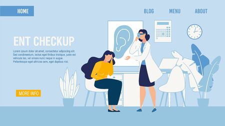 Flat Landing Page Medical ENT Checkup Service. Professional Otolaryngologist Making Patient Examination with Special Equipment. Woman Suffering from Ear Ache. Vector Cartoon Illustrationのイラスト素材