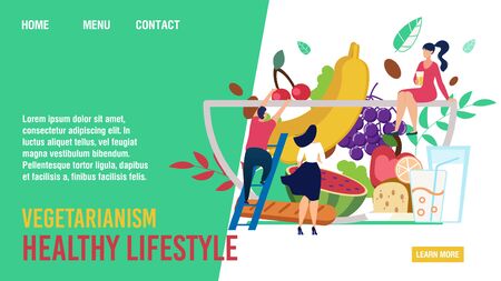 Vegetarianism Healthy Lifestyle. Cartoon Vegan People Characters and Huge Fruits, Natural Organic Food Glass Bowl. Diet and Proper Nutrition. Trendy Flat Landing Page Design. Vector Illustrationのイラスト素材