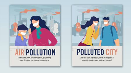 City Air Pollution Problem. Cartoon Warning Vertical Banner or Poster Set. Mother with Son and Teenagers in Protective Facial Masks on Factory Pipes Emitting Industrial Smoke. Vector Flat Illustrationのイラスト素材