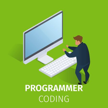 Man Stand at Big Computer and Working. Young Programmer Coding New Project Using PC Technology. UX UI User Interface and User Experience Process 3D Isometric Cartoon Vector Illustration, Square Bannerのイラスト素材