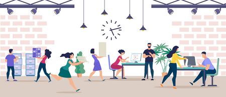 Informative Poster Large Office Team Cartoon. Men and Women Put Documents into Folders and Drawers. Employees Observe Deadline in Office. Boss Office and Looks at his Watch. Vector Illustration.のイラスト素材