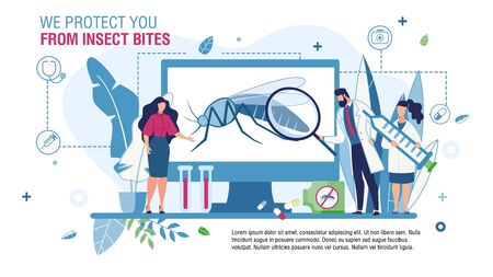 Flat Landing Page Trendy Flat Design. Service Offering Means for Insects Bites Protection. Patient on Doctors Consultation. Man and Woman Pharmacists Advising Solution. Vector Cartoon Illustrationのイラスト素材