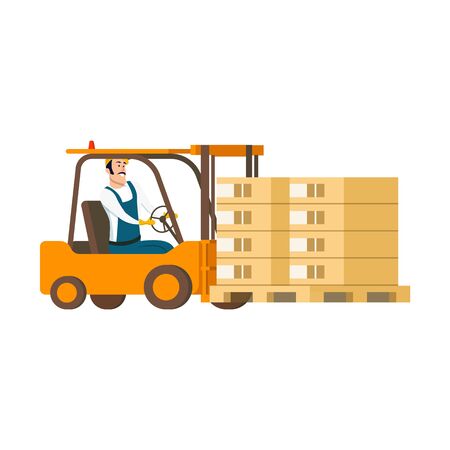 Warehouse Character Driving Forklift Car with Box. Drawing of Smiling Professional Factory Staff Engeneer Working in Storage Goods Delivery Service. Flat Cartoon Vector Illustrationのイラスト素材