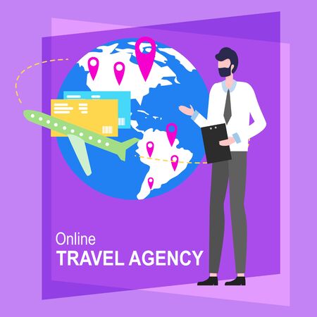 Online Travel Agency Cartoon Man Worker Vector Illustration. Male Agent Hot Ticket Tour Computer Booking Hotel Service Internet Appartment Reservation Trip Vacation Mobile Phone Applicationのイラスト素材