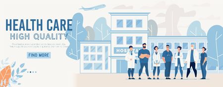 Webpage Presents Information about High Quality Healthcare at New Modern Clinic. Cartoon Professional Medical Staff People Character Standing in Hospital Yard Welcome Patient. Vector Flat Illustrationのイラスト素材