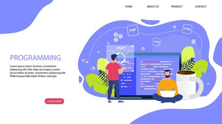 Bright Flyer Inscription Programming Cartoon. Banner Daily Life Employees. Poster Man Sits on Floor with Laptop, Next to Large Cup Coffee or Tea Flat. Vector Illustration Landing Page.のイラスト素材