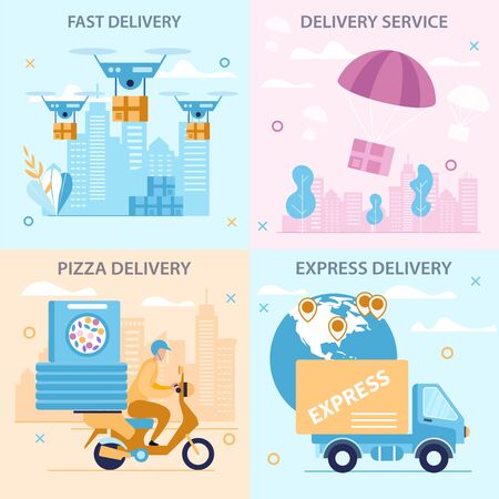 Set Bright Flyer Inscription Fast Delivery Cartoon. Banner Written Pizza, Express and Delivery Service. Poster Order Food at Office. Delivery around City by Different Transport. Vector Illustration.のイラスト素材