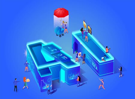 Ai 3d Neon Letters. Artificial Intelligence. Everything Begins With An Idea. Little Scientists Create Technology of Future on Computer. People Using New Tech in Life. Isometric Vector Illustration.のイラスト素材