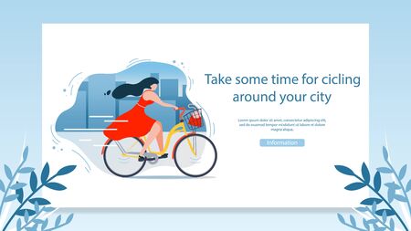 City Cycling Flat Vector Web Banner or Landing Page Template with Woman in Red Dress Riding Bike on City Streets Illustration. Ecological Transport, Urban Infrastructure for Cyclists, Outdoor Activityのイラスト素材