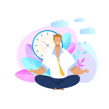 Office Worker Meditating Flat Vector Illustration. Relaxed Businessman in Lotus Position. Calm, Smiling Employee Taking Break. Time Management Concept. Clock, Plants, Leaf, Nature Backgroundのイラスト素材