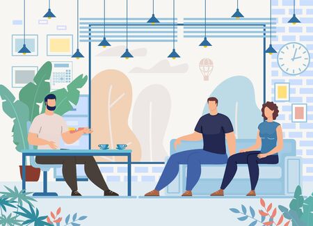 Family Relationships Problems Therapy Trendy Flat Vector Concept. Male Psychologist Consulting Couple, Wife and Husband Visiting Psychological Counseling, Therapist Talking with Patients Illustrationのイラスト素材