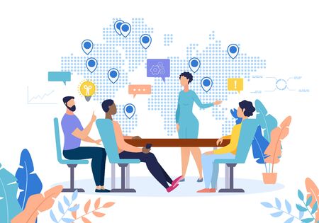 Flat Banner Development Relationships at Work. Lounge for Eating. Woman Holds Presentation Project, Showing Coverage Areas on Map. People Listen to Speaker Cartoon. Vector Illustration.のイラスト素材