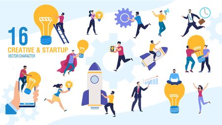 Creative Business People Launching Startup Trendy Flat Vector Characters Set. Businesspeople Female, Male Characters Generating Ideas, Starting Successful Business, Making Inventions Illustrationのイラスト素材