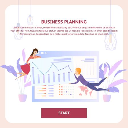 Business Planning Analysis Tablet Website Banner. Team Character Develop Information Diagram. Online Plan Presentation Concept for Landing Website Page Flat Vector Illustrationのイラスト素材