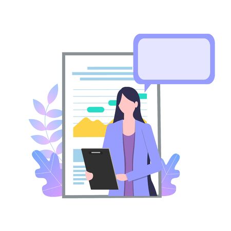 Businesswoman Cartoon Character with Report Paper Talk Presentation Vector Illustration. Professional Secretary Clipboard Personal Assistant Survey Female Office Worker Confident Girlのイラスト素材