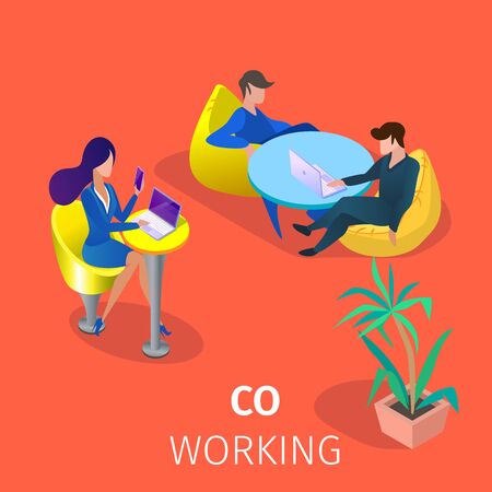 Male and Female Business People Characters Sit at Tables in Modern Coworking Area Work And Relaxing Together. Business People Team Working Project 3D Isometric Cartoon Vector Illustration, Square Bannerのイラスト素材