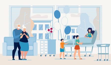 Happy Relatives Visiting Mother with Newborn Baby at Maternity Department. Parturient Parents and her Children Greeting Young Woman Family Replenishment. Vector Cartoon Flat Illustrationのイラスト素材