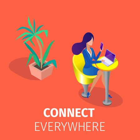 Connect Everywhere Square Banner. Young Woman Sitting at Armchair with Smartphone in Hand in Front of Laptop Screen at Home or at Work. Internet Communication. 3D Isometric Cartoon Vector Illustrationのイラスト素材