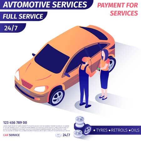 Banner Advertises Payment for Automotive Full Service. Woman Giving Cash Master for Repaired Car Buying Vehicle Maintenance. Vector Isometric 3d Illustration. Advertisement Poster with Contact Infoのイラスト素材