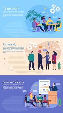 Set Bright Banner Inscription Business Conference. Flyer Written Partnership, Time Work. Household Office Needs. Men and Women Enter into Partnership Agreement. Vector Illustration.のイラスト素材