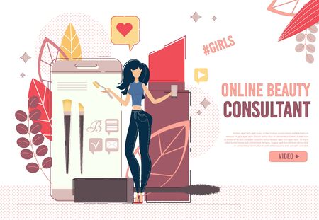 Online Beauty Consultant in Social Media Networks. Young Fashion Woman Blogger with New Cosmetics Products and Accessories. Instablog Production Services. Trend Makeup Tutorial. Landing Page Designのイラスト素材