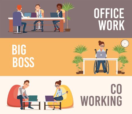 Office Work, Company Big Boss, Coworking Space Trendy Flat Vector Banners, Posters Set. Company Employees Team Working in Office, Disabled Woman in Wheelchair, Coworkers Using Laptop Illustrationのイラスト素材
