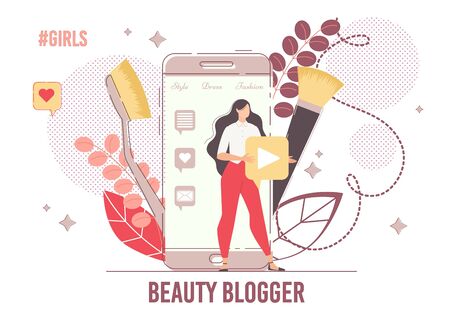 Young Woman Developing Internet Video Channel about Cosmetics Trends, Makeup Tutorials. Online Beauty Trading Platform Creation. Fashion Blogging in Social Media Network. Internet Influencerのイラスト素材