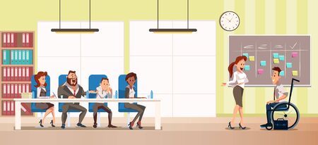 Disabled Person Job Interview Trendy Flat Vector Concept with Female Secretary Welcoming Man in Wheelchair, Inviting on Conversation with HR Managers Team or Company CEOs in Meeting Room Illustrationのイラスト素材