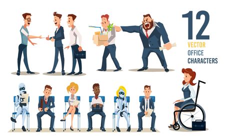 Office Workers, Employees for Hire Trendy Flat Vector Characters Set. Meting with Vacancy Candidates, Work Dismissal, People and Robots Waiting for Job Interview, Woman in Wheelchair Illustrationsのイラスト素材