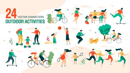 Family Outdoor Activities, Summer Leisure Entertainment Trendy Vector Set Isolated on White Background. Parents with Children Playing in Park, Riding Bicycle, Playing in Park Characters Illustrationのイラスト素材