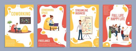 Coworking Space, Business Strategic Planning, Disable People Full Happy Life Trendy Flat Vector Vertical Banners, Posters Templates Set. Employees Working in Office, Happy with Success Illustrationのイラスト素材