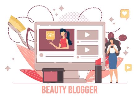 Online Beauty Blogger. Internet Influencer. Social Media Networks and Video Female Channel about Cosmetics, Fashion and Style. Young Woman Vlogger and Follower. Mobile and Computer. Poster Designのイラスト素材