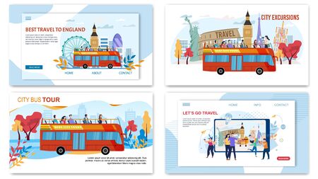 Bus City Tours, Excursionist Services for Travelers, Vacation World Trip Trendy Flat Vector Web Banners, Landing Pages Set. Tourists Going on Travel with Hop-on-Hop-Off Bus, Making Selfie Illustrationのイラスト素材
