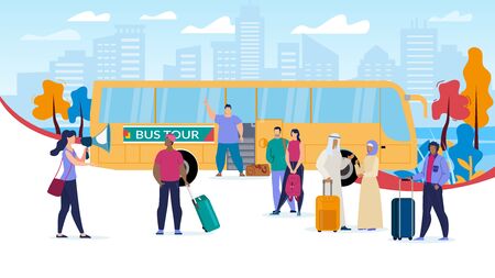 Traveling with Bus Tours Trendy Flat Vector Concept. Multinational Tourists Group with Baggage Bags, Waiting for Journey on Bus, Female Guide, Excursionist Doing Speaking in Loudspeaker Illustrationのイラスト素材