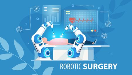 Innovative Medicine of Future. Robotic Surgery. Automated Arm Assembly at Work. Patient Laying on Operation Table. Hi-Tech Surgical Instruments. Medical Flat Poster. Vector Cartoon Illustrationのイラスト素材